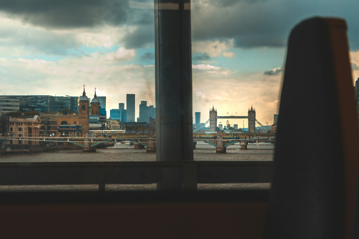 A view of a city from a bus window