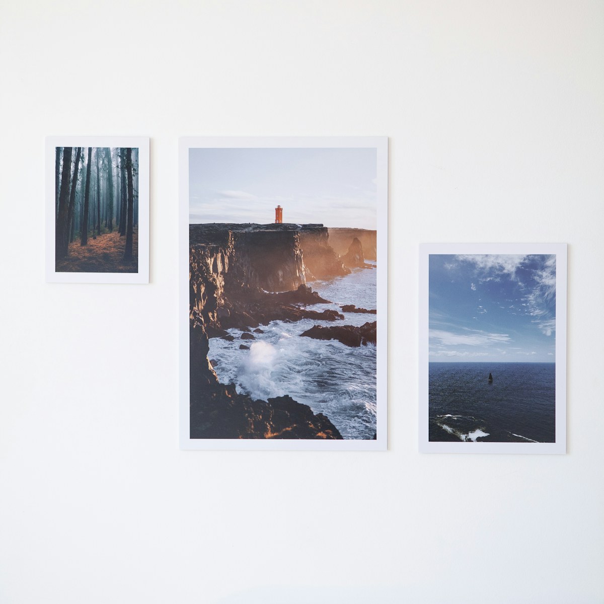 Printed photographs displayed on a wall