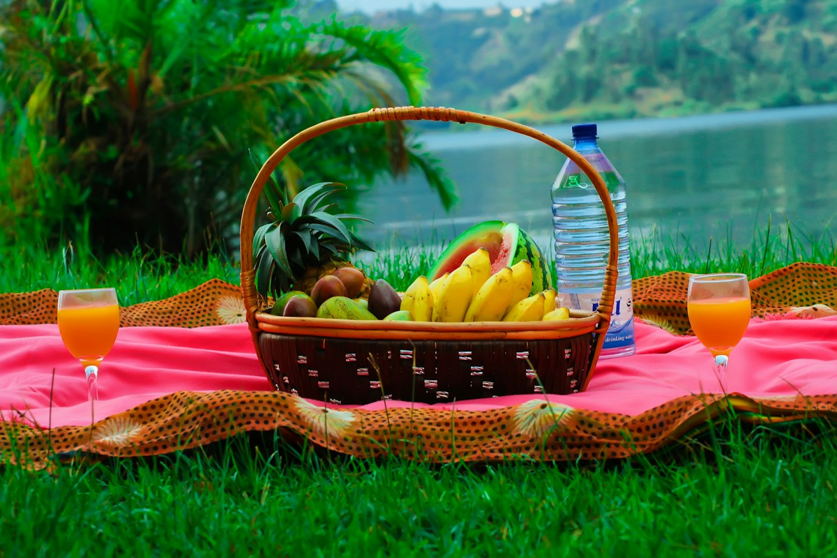 A basket of fruit resting on a picnic blanket