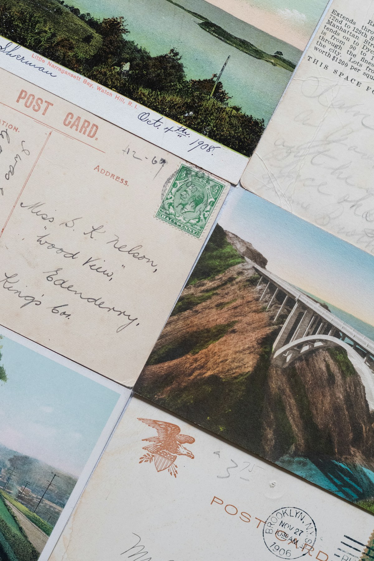 Vintage postcards with handwriting and postage stamps
